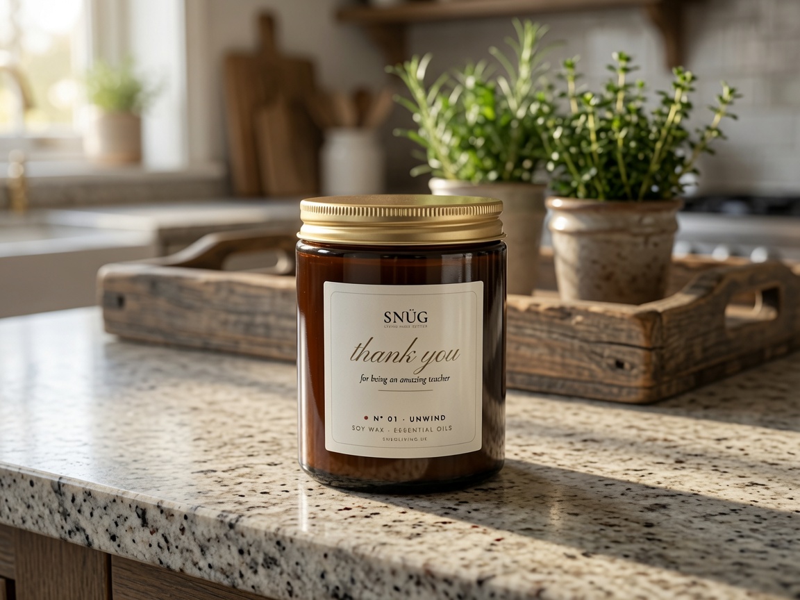 A Snüg essential-oil soy candle in amber glass with a gold lid, on a granite kitchen counter beside potted herbs.